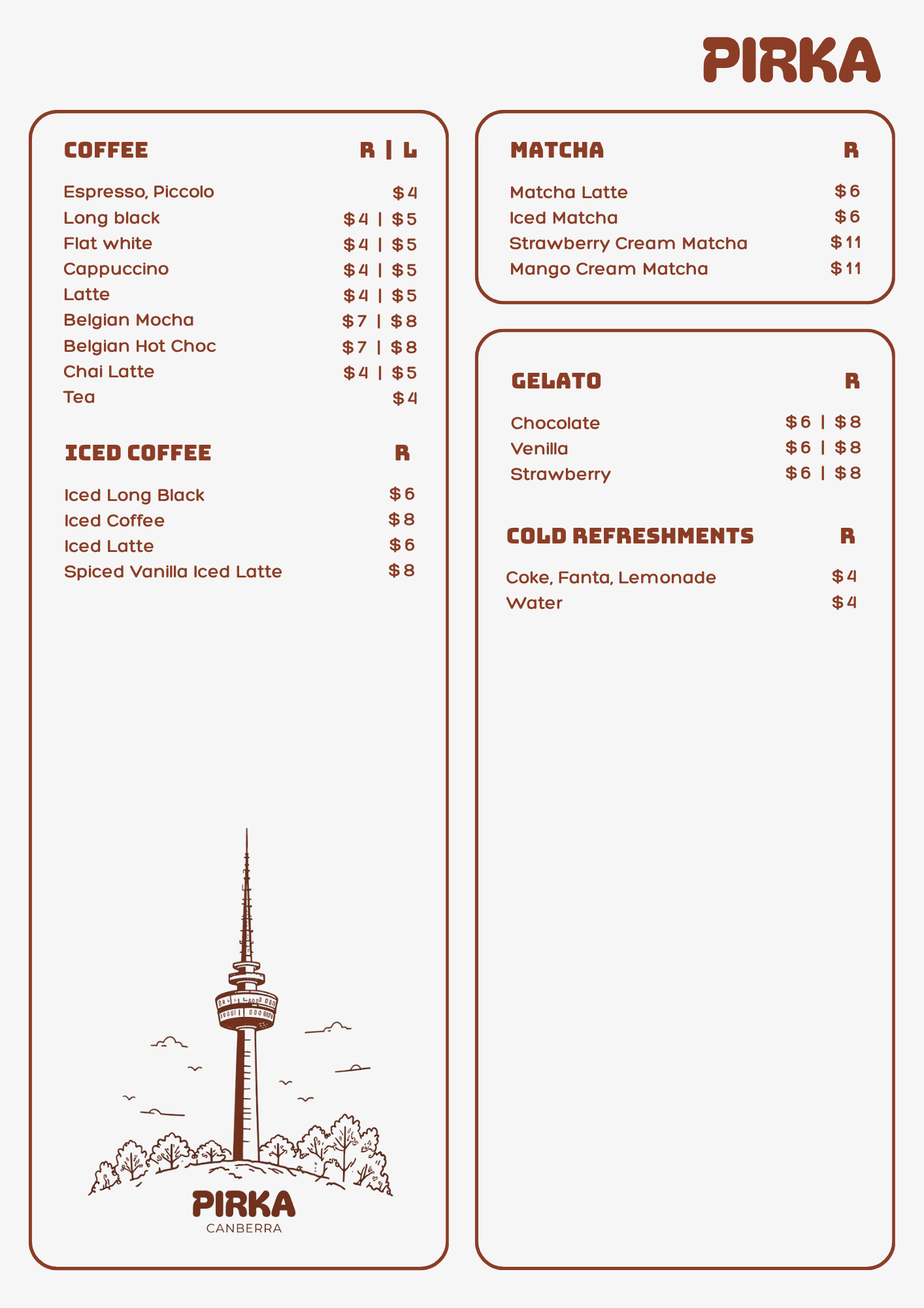Pirka Canberra drinks menu — coffee, iced coffee, matcha and gelato