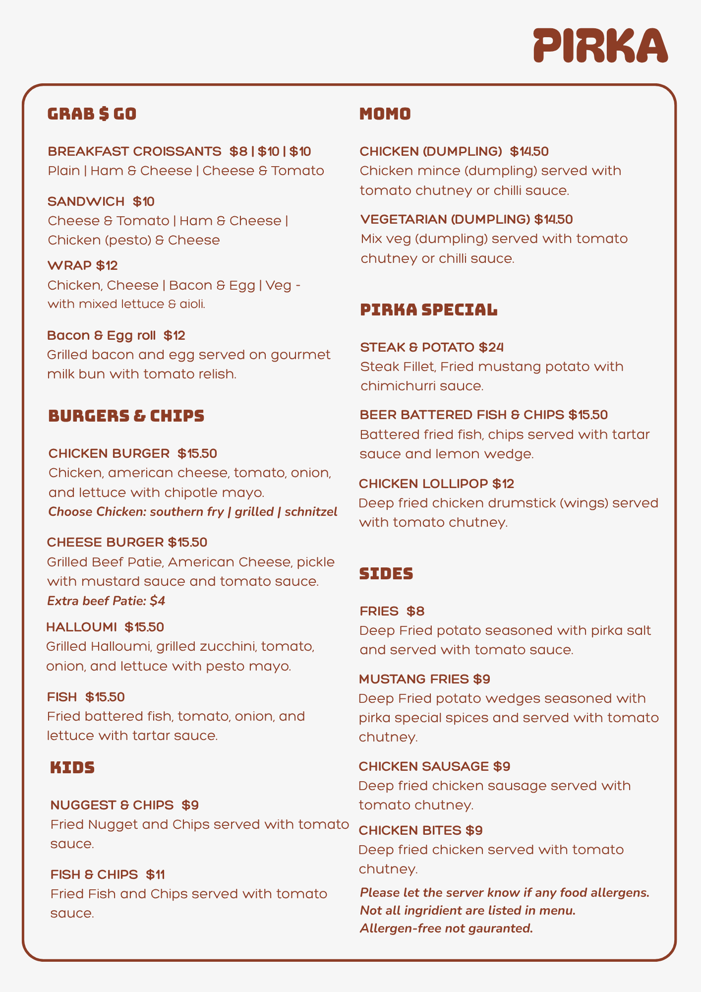 Pirka Canberra food menu — momo, burgers, sides and Pirka specials